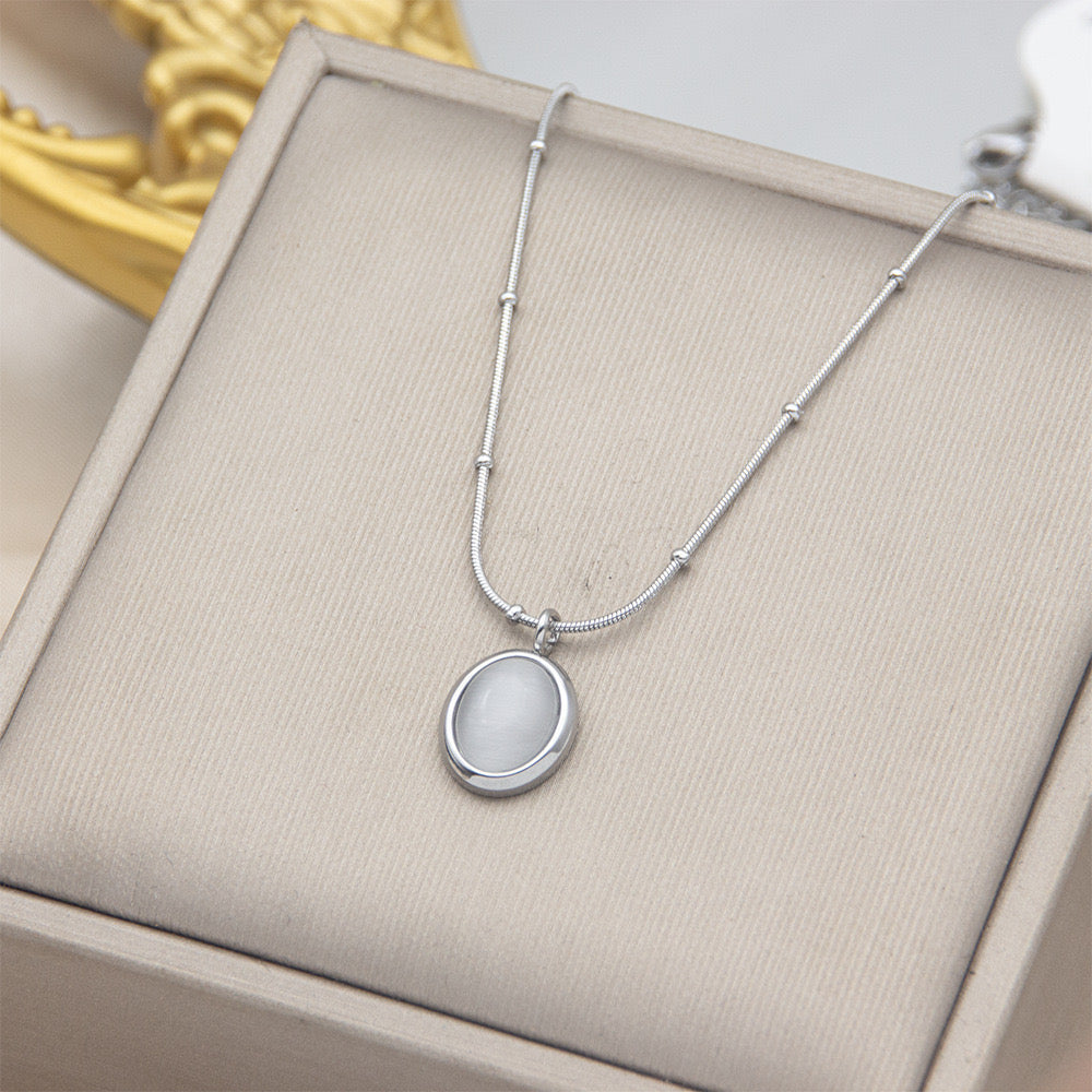 Women's Simple Fashion All- Match Stainless Steel Clavicle Chain Korean Crystal Opal Pendant Necklace Small Oval Bead Geometric-JJ0008