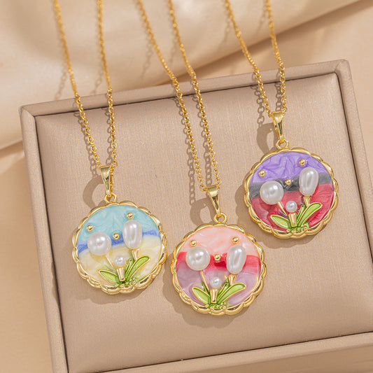 JJN0010 Wholesale 18K Gold Plated Oil Painting Flower Pearl Pendant Necklace Stainless Steel Enamel Vintage Jewelry Necklace