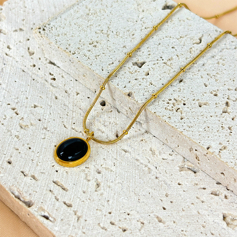 Women's Simple Fashion All- Match Stainless Steel Clavicle Chain Korean Crystal Opal Pendant Necklace Small Oval Bead Geometric-JJ0008