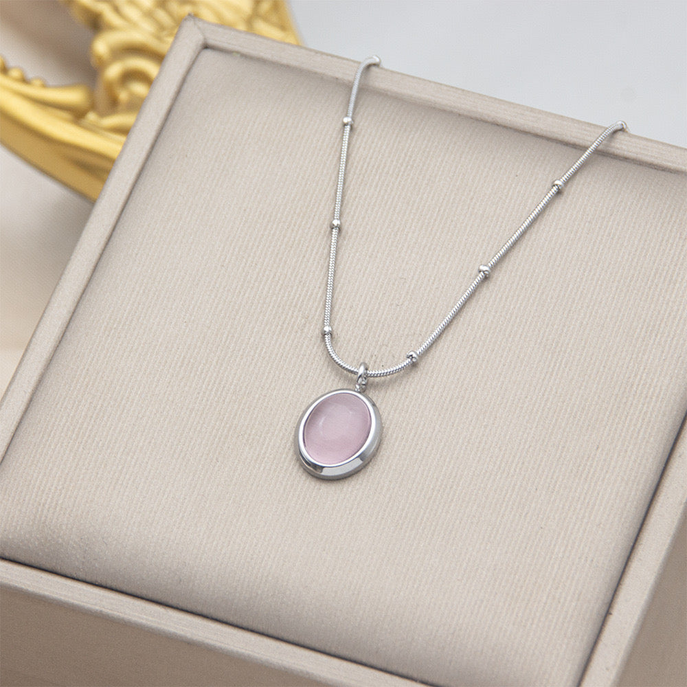 Women's Simple Fashion All- Match Stainless Steel Clavicle Chain Korean Crystal Opal Pendant Necklace Small Oval Bead Geometric-JJ0008