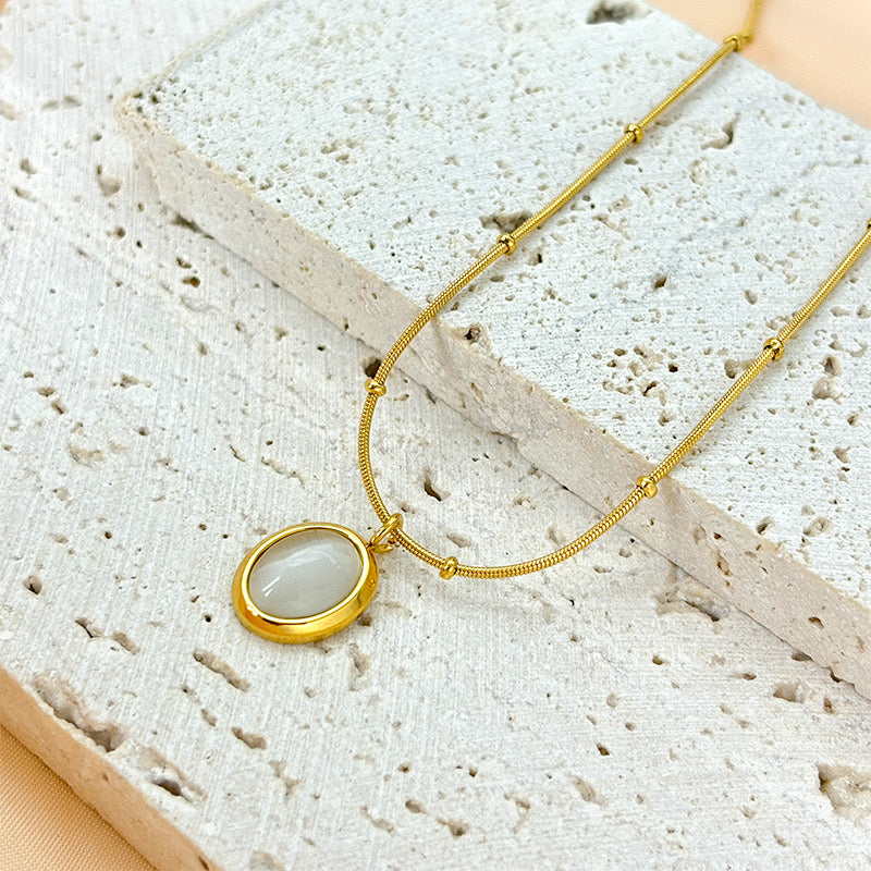 Women's Simple Fashion All- Match Stainless Steel Clavicle Chain Korean Crystal Opal Pendant Necklace Small Oval Bead Geometric-JJ0008