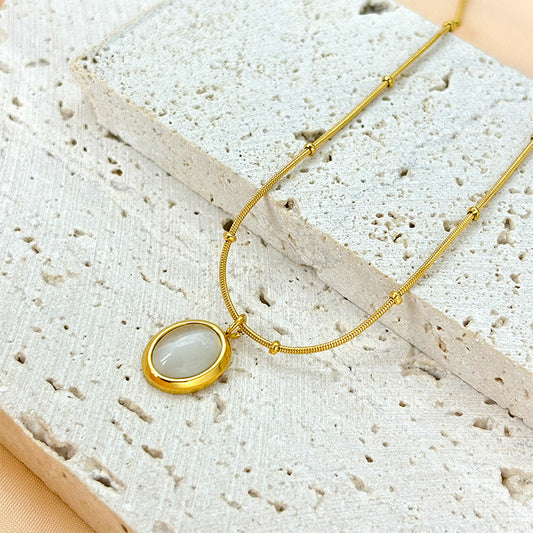 Women's Simple Fashion All- Match Stainless Steel Clavicle Chain Korean Crystal Opal Pendant Necklace Small Oval Bead Geometric-JJ0008