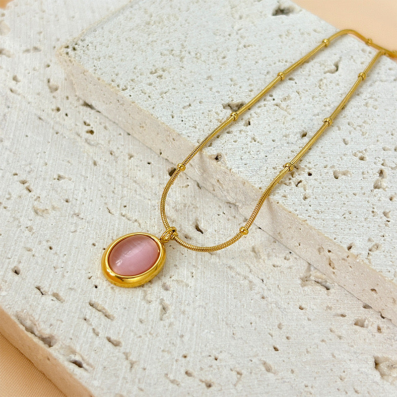 Women's Simple Fashion All- Match Stainless Steel Clavicle Chain Korean Crystal Opal Pendant Necklace Small Oval Bead Geometric-JJ0008
