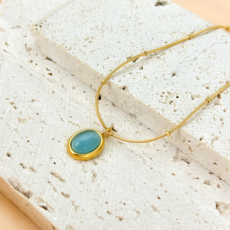 Women's Simple Fashion All- Match Stainless Steel Clavicle Chain Korean Crystal Opal Pendant Necklace Small Oval Bead Geometric-JJ0008