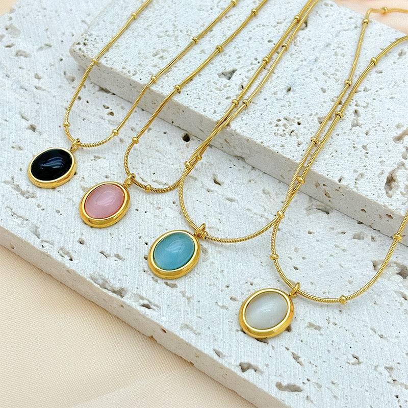 Women's Simple Fashion All- Match Stainless Steel Clavicle Chain Korean Crystal Opal Pendant Necklace Small Oval Bead Geometric-JJ0008