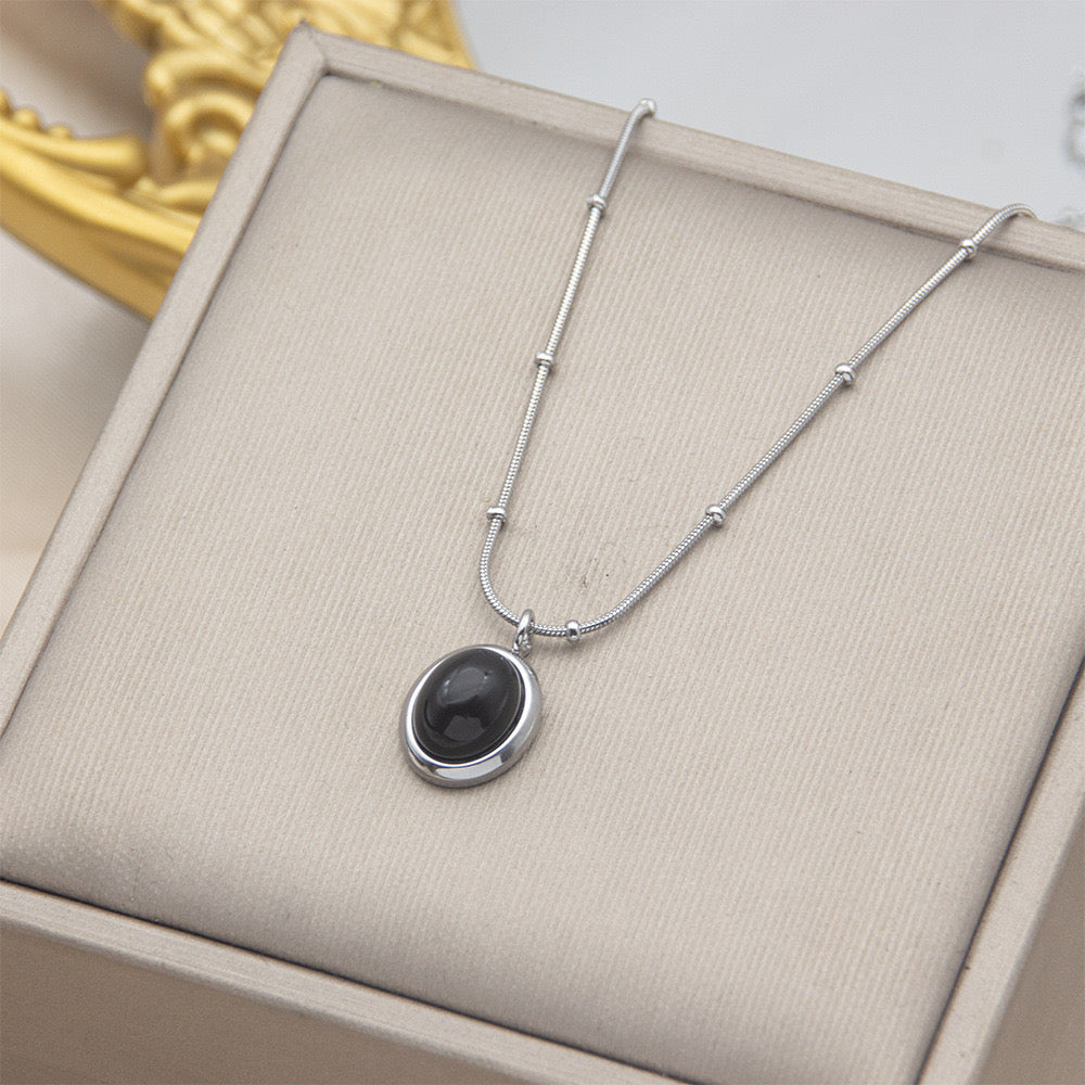 Women's Simple Fashion All- Match Stainless Steel Clavicle Chain Korean Crystal Opal Pendant Necklace Small Oval Bead Geometric-JJ0008