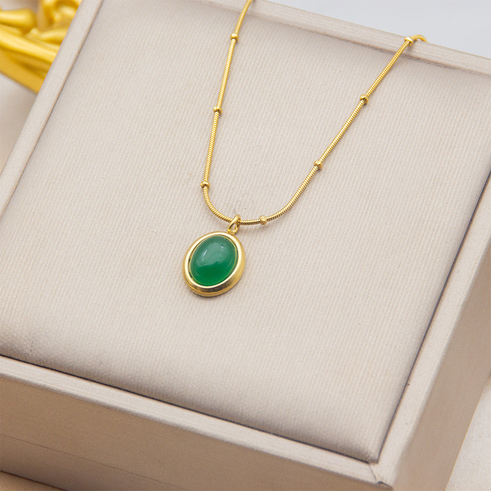 Women's Simple Fashion All- Match Stainless Steel Clavicle Chain Korean Crystal Opal Pendant Necklace Small Oval Bead Geometric-JJ0008