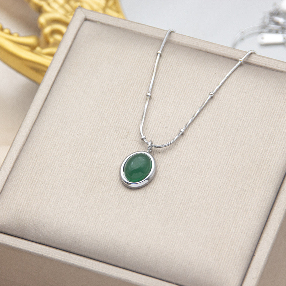 Women's Simple Fashion All- Match Stainless Steel Clavicle Chain Korean Crystal Opal Pendant Necklace Small Oval Bead Geometric-JJ0008