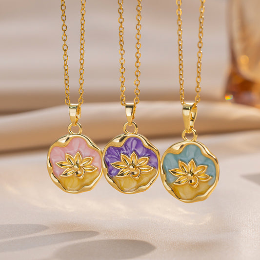 JJN0007 Wholesale 18K Gold Plated Oil Painting Flower Pearl Pendant Necklace Stainless Steel Enamel Vintage Jewelry Necklace
